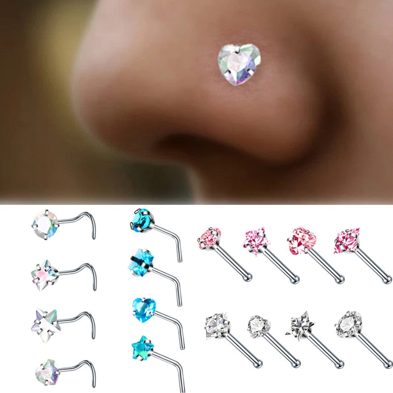 4PCS/Set Surgical Steel Heart Nose Ring Set