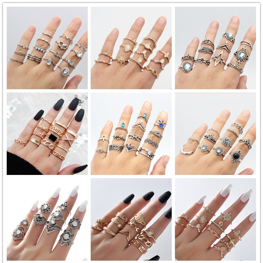 40 Styles Retro Boho Midi Knuckle Ring Set For Women Crystal