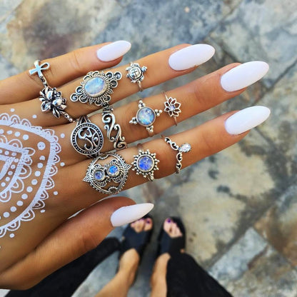 32 Styles Bohemian Retro Crystal Gem Ring Set Women